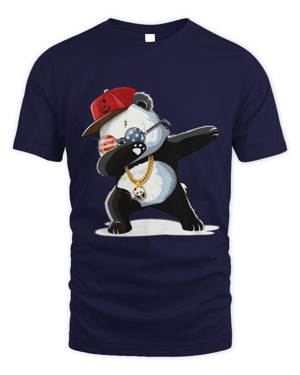 Navy blue t-shirt with a panda dabbing design wearing a red cap, gold chain, and USA round glasses.