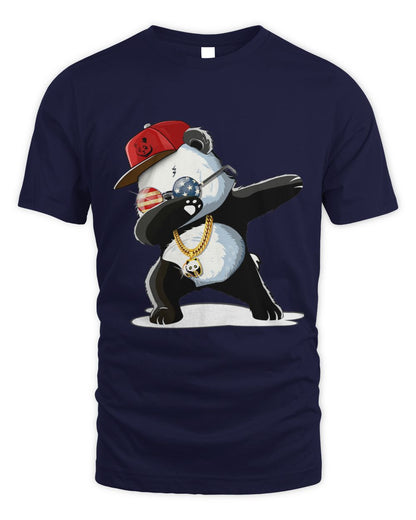 Navy blue t-shirt with a panda dabbing design wearing a red cap, gold chain, and USA round glasses.