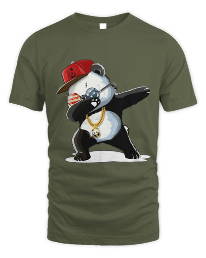 Olive Green t-shirt with a panda dabbing design wearing a red cap, gold chain, and USA round glasses.