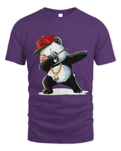 Purple t-shirt with a panda wearing a red cap, a gold chain and USA round glasses.