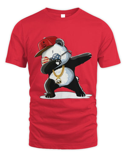 Red t-shirt with a panda dabbing design wearing a red cap, gold chain, and USA round glasses.