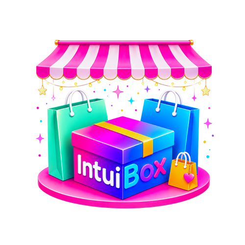 Colorful 'IntuiBox' box with shopping bags and a striped pink and white canopy on a white background.