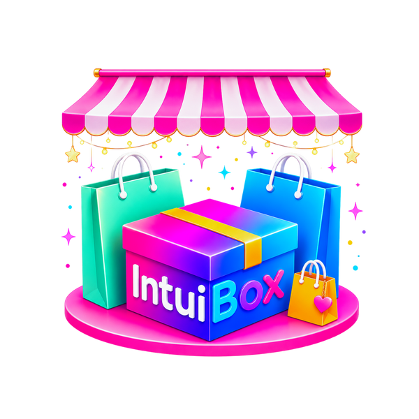 Colorful 'IntuiBox' box with shopping bags and a striped pink and white canopy on a white background.