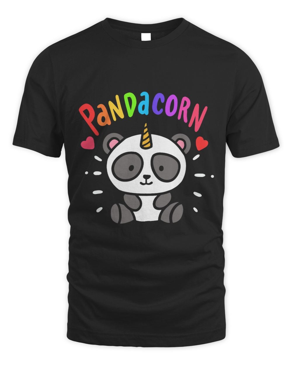Black t-shirt with a colorful 'Pandacorn' design featuring a panda unicorn in colors