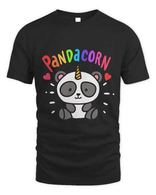 Black t-shirt with a colorful 'Pandacorn' design featuring a panda unicorn in colors