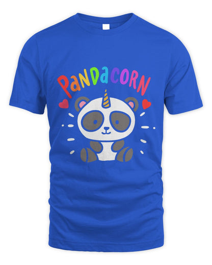 Blue t-shirt with a panda unicorn design and 'Pandacorn' colorful text