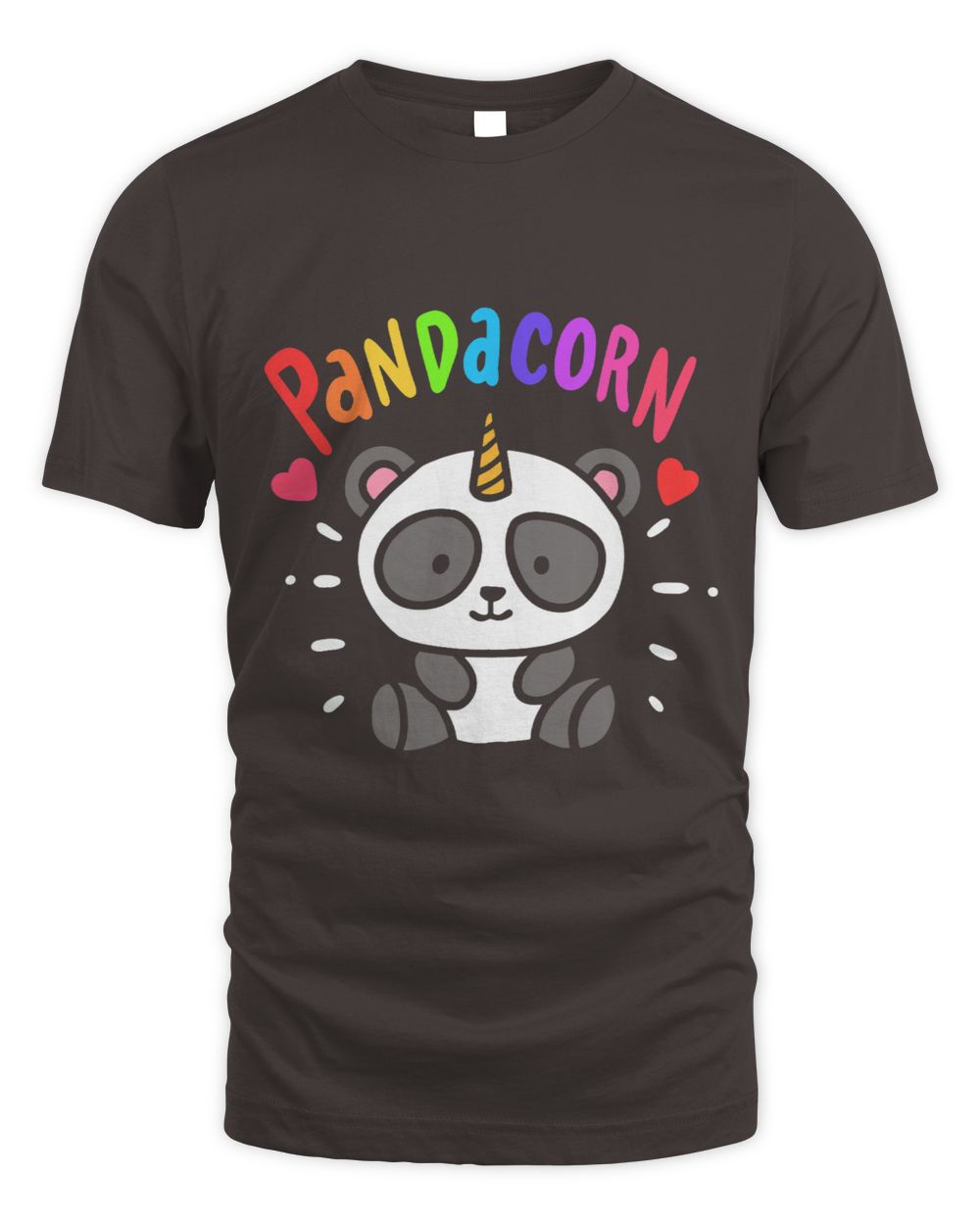 Dark Chocolate T-shirt with a cartoon Pandacorn and colorful Pandacorn letters.