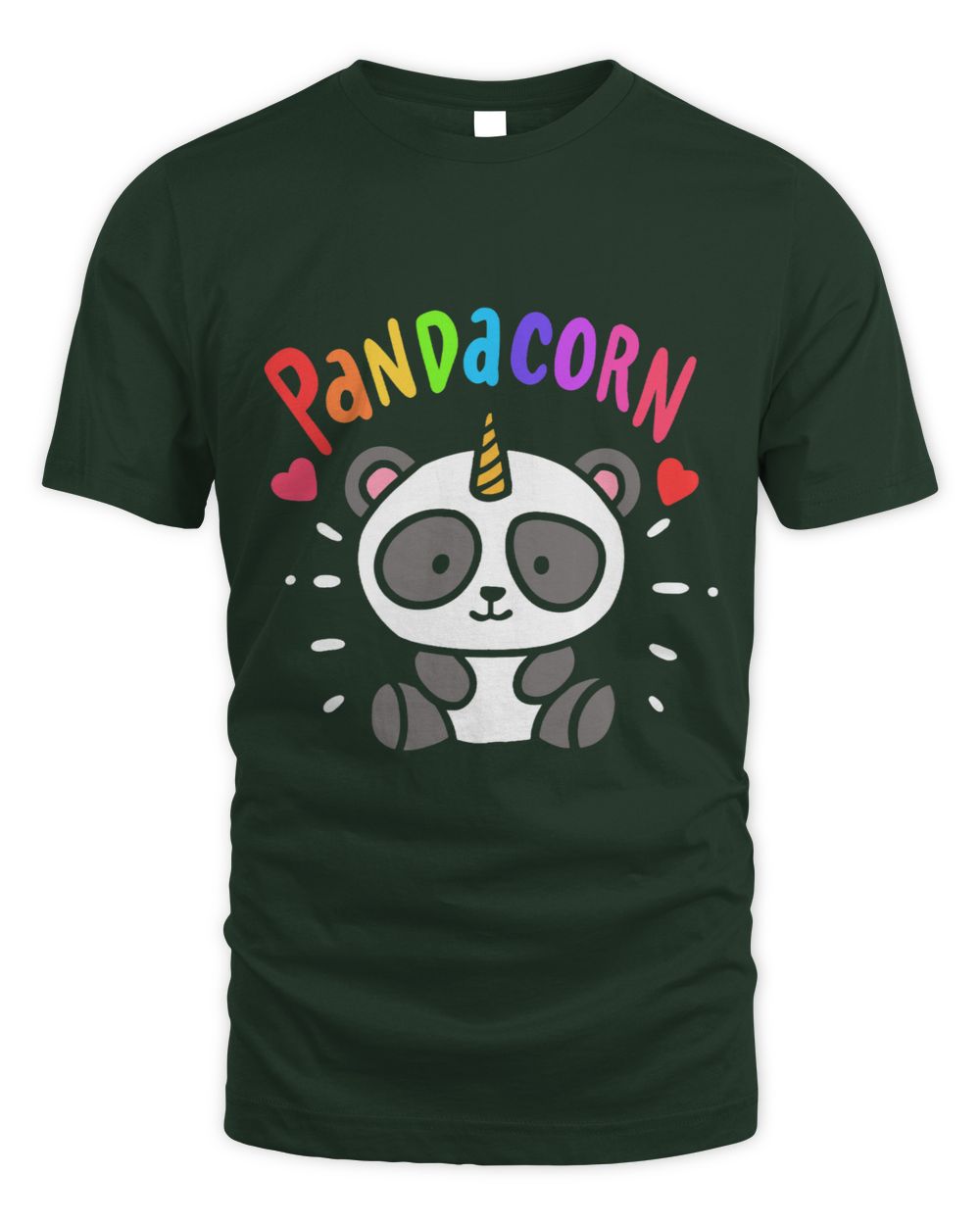 Dark green t-shirt with a cartoon panda unicorn design and 'Pandacorn' colorful text 