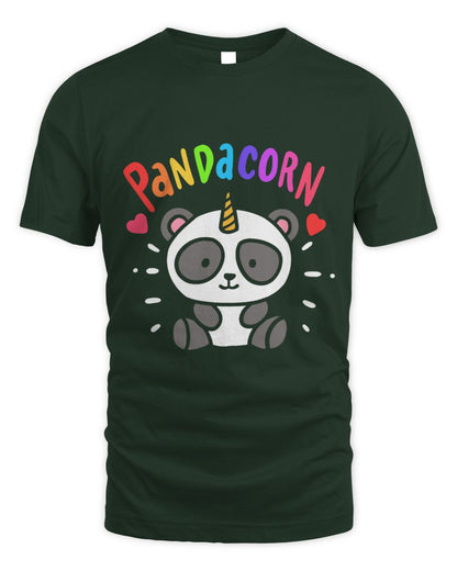 Dark green t-shirt with a cartoon panda unicorn design and 'Pandacorn' colorful text 