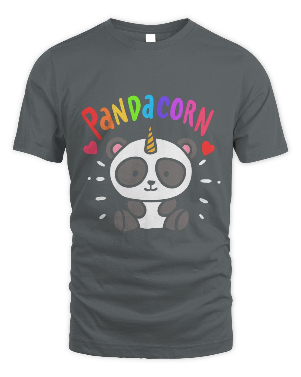 Gray t-shirt with a cartoon panda and unicorn design and 'Pandacorn' colorful text 