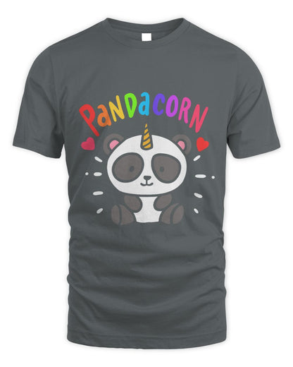Gray t-shirt with a cartoon panda and unicorn design and 'Pandacorn' colorful text 