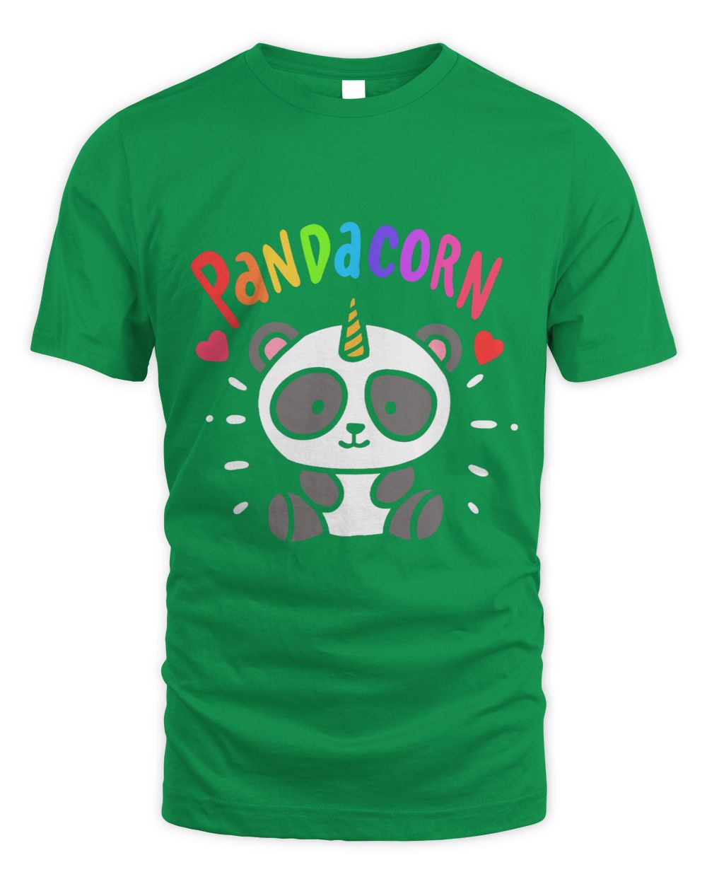 Green t-shirt with a colorful 'Pandacorn' design 