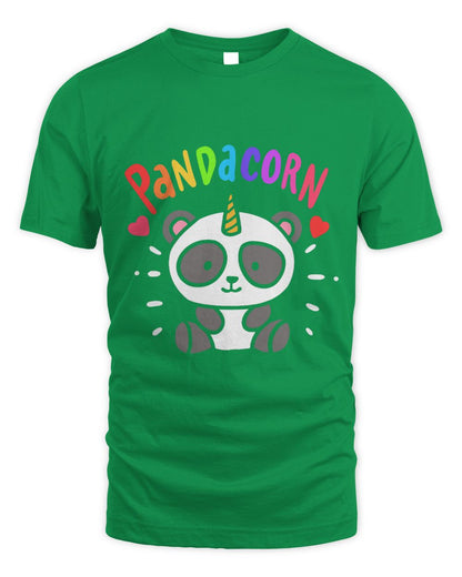 Green t-shirt with a colorful 'Pandacorn' design 