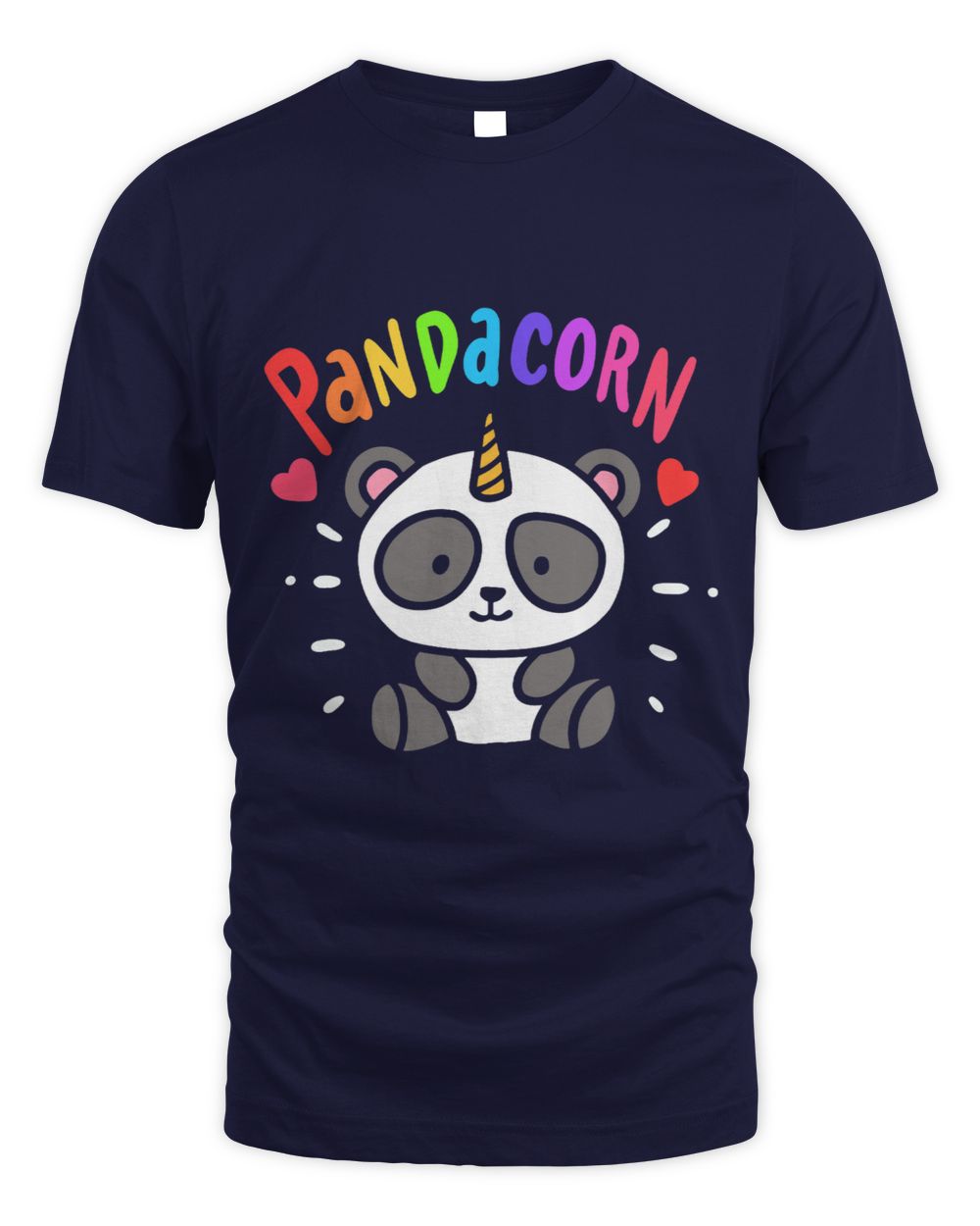 Navy blue t-shirt with a cartoon panda unicorn design and with a 'Pandacorn' colorful text 