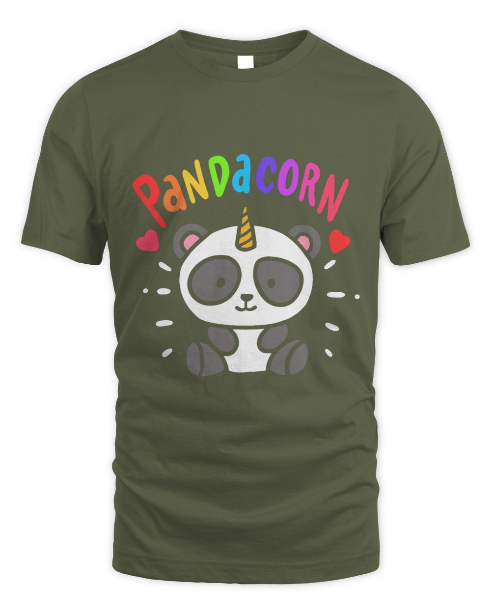 Olive Green t-shirt with a cartoon Pandacorn design and colorful letters