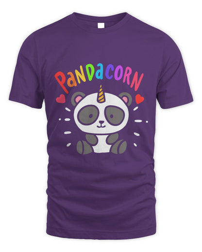 Purple t-shirt with a cartoon panda unicorn design and 'Pandacorn' text in colors