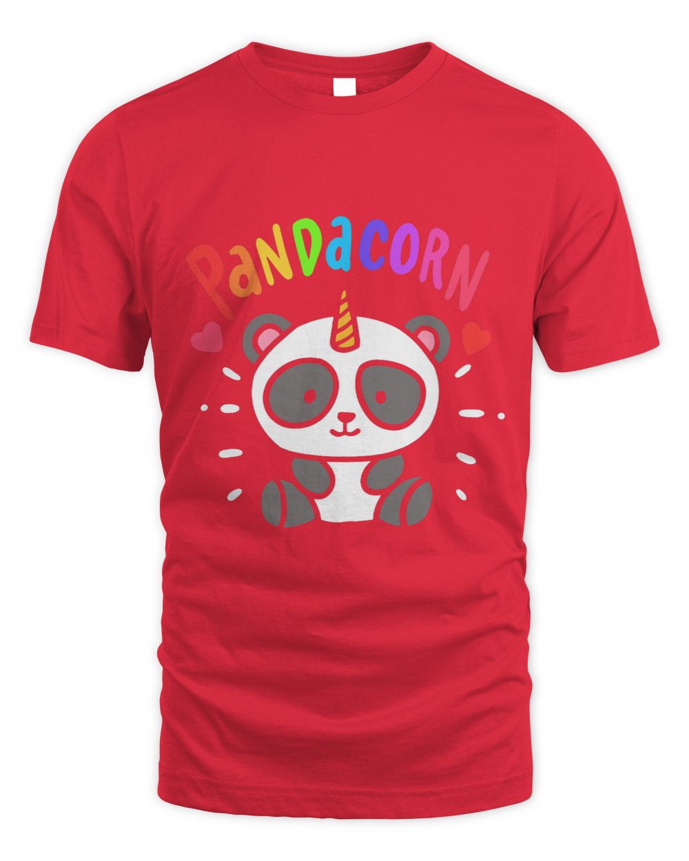 Red t-shirt with a cartoon panda design and 'Pandacorn' with colorful text  