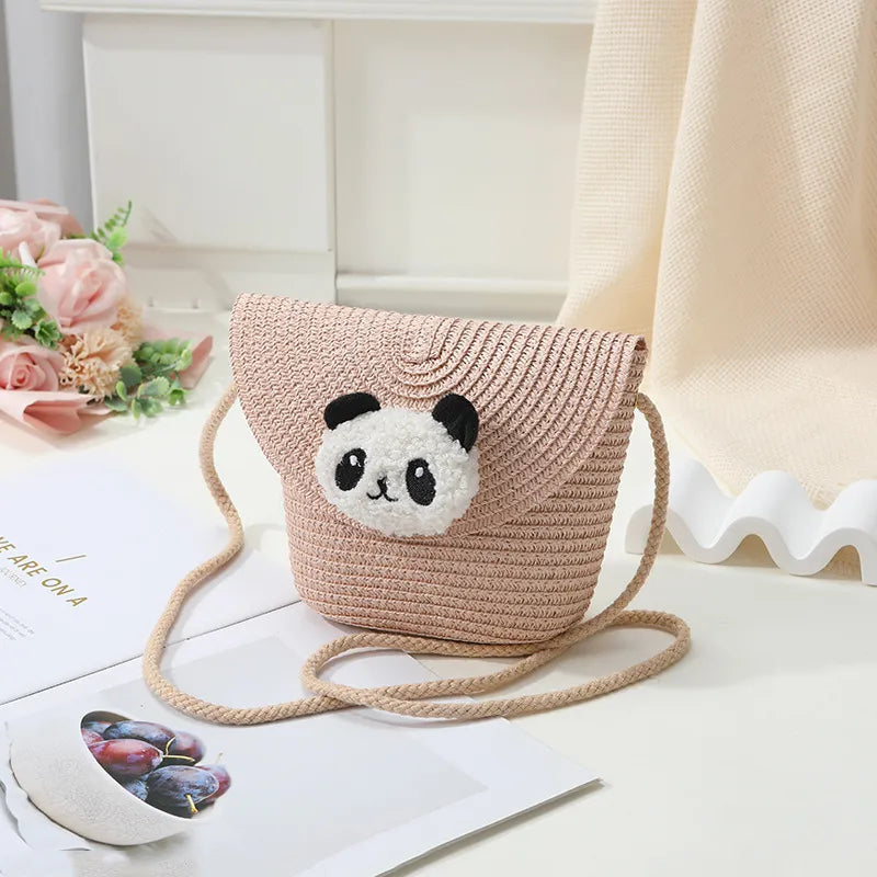 Large Pink woven tote bag with flap with panda face design 