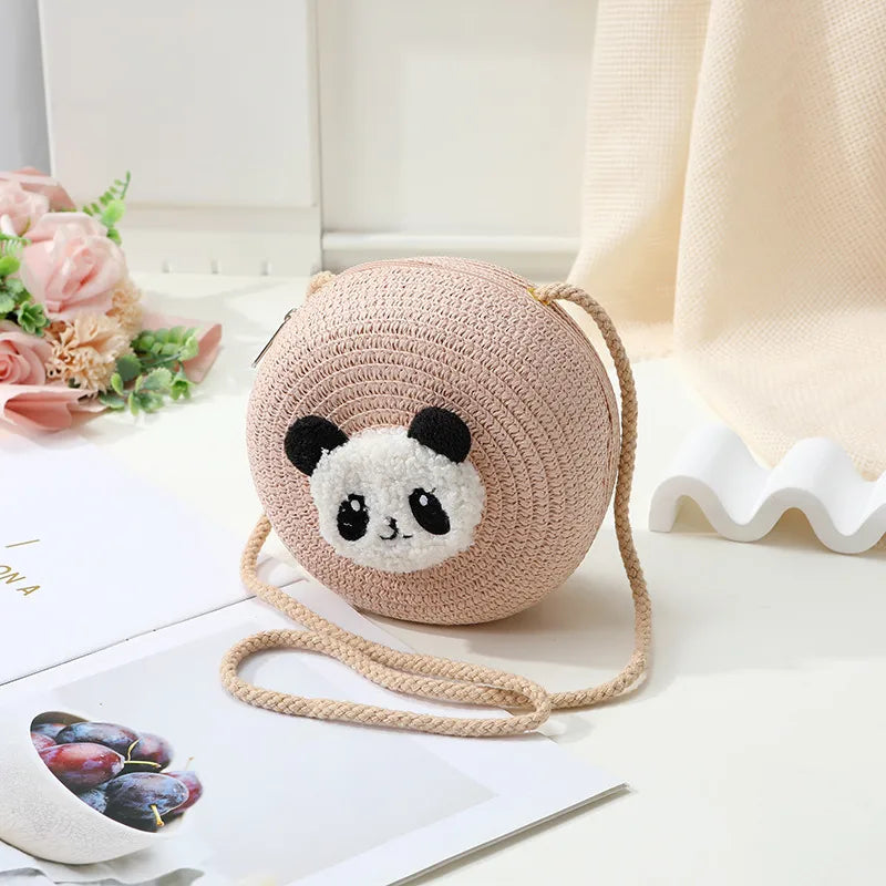 Medium Round woven bag with panda face design in the middle