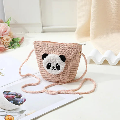 Small woven tote bag with zipper and with panda face design 
