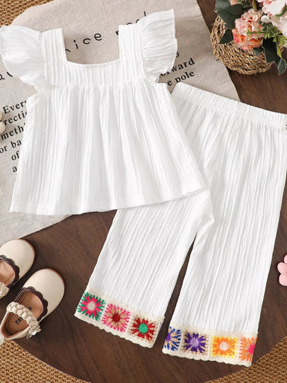 Boho Children's Crochet Trimmed Top and Pants Set - variant_color - variant_size - variant_option