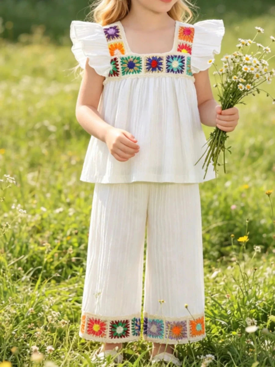 Boho Children's Crochet Trimmed Top and Pants Set - variant_color - variant_size - variant_option
