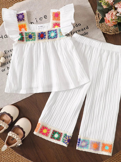 Boho Children's Crochet Trimmed Top and Pants Set - variant_color - variant_size - variant_option
