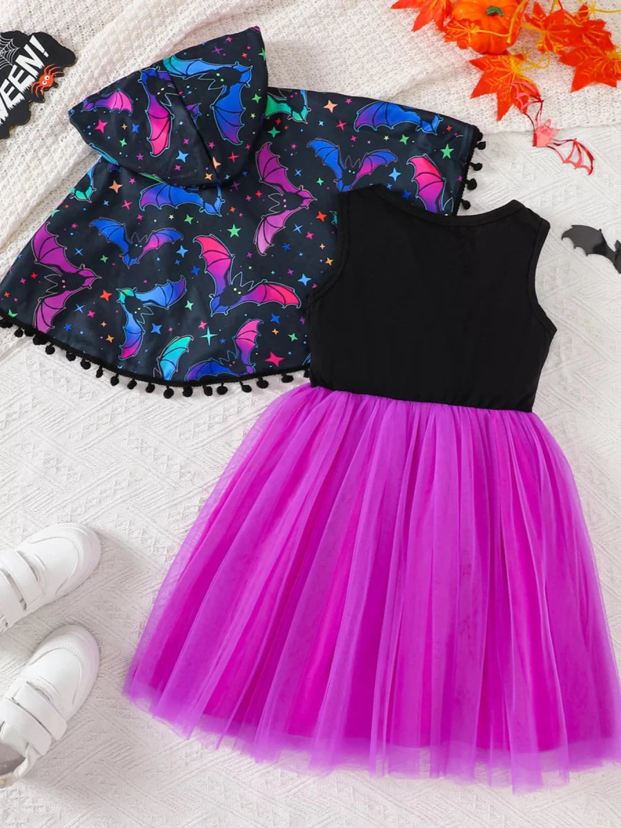Children's Halloween Bat Print Hooded Cape and Tulle Dress Set | 2Y-6Y - variant_color - variant_size - variant_option