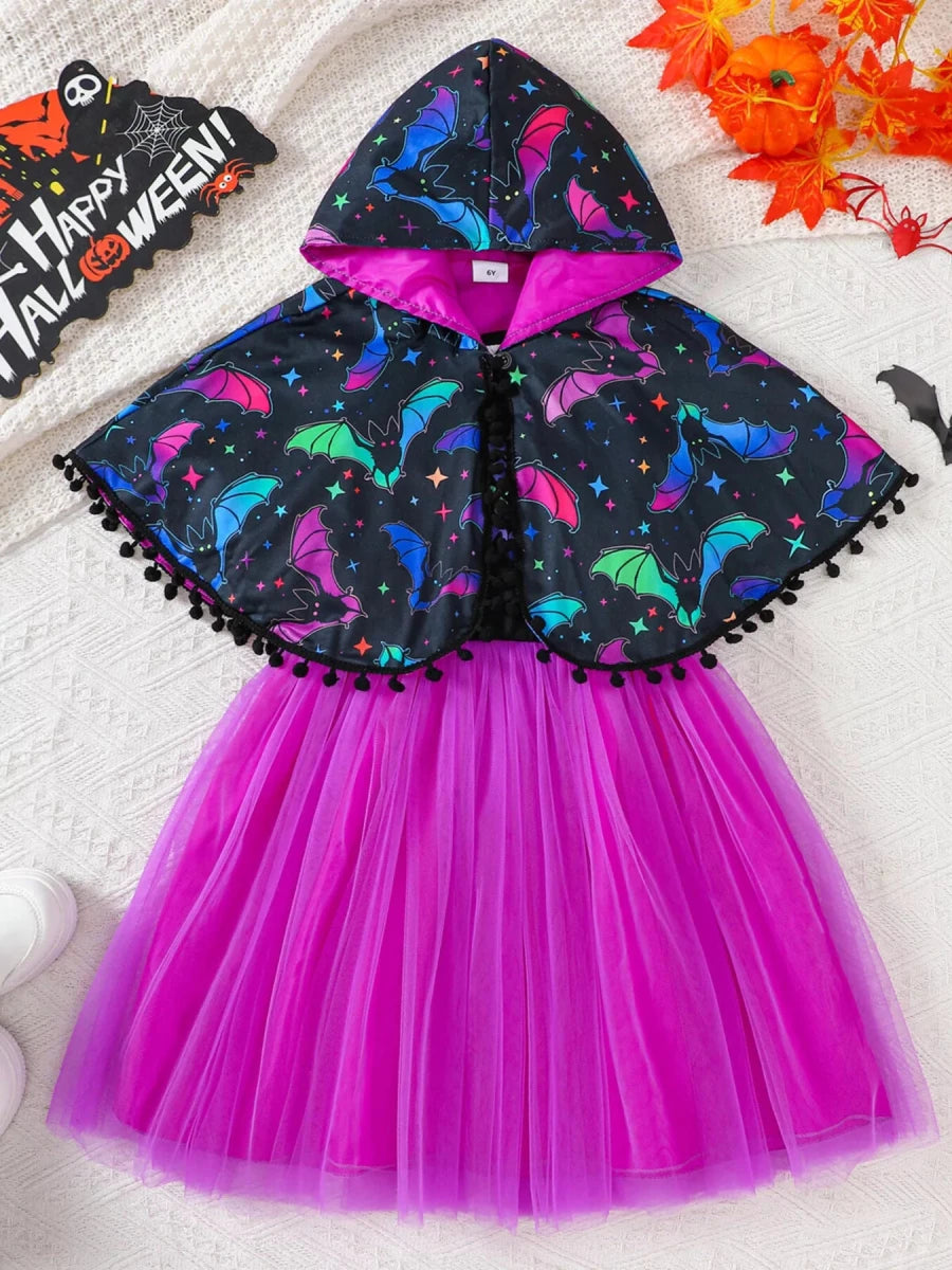 Children's Halloween Bat Print Hooded Cape and Tulle Dress Set | 2Y-6Y - variant_color - variant_size - variant_option