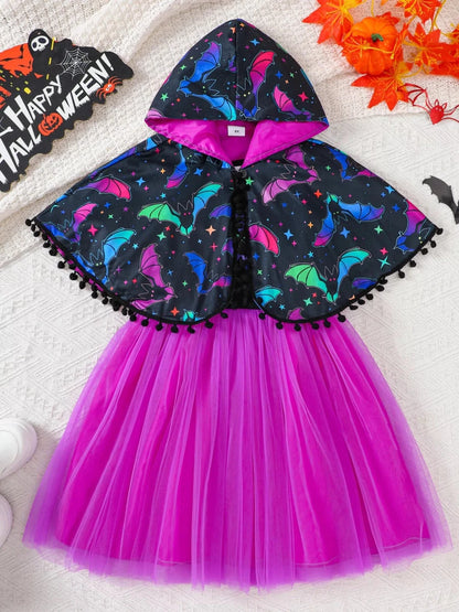 Children's Halloween Bat Print Hooded Cape and Tulle Dress Set | 2Y-6Y - variant_color - variant_size - variant_option