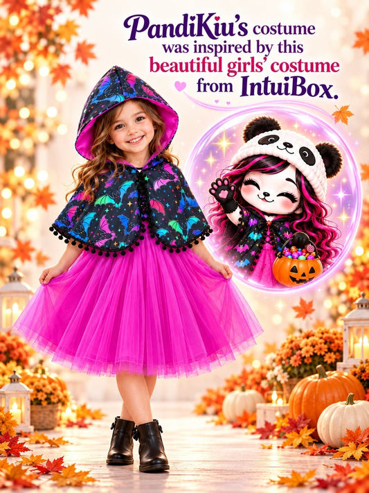 Children's Halloween Costume | Bat Print Hooded Cape and Tulle Dress Set | 2Y-6Y - #variant_color# - #variant_size# - #variant_option#
