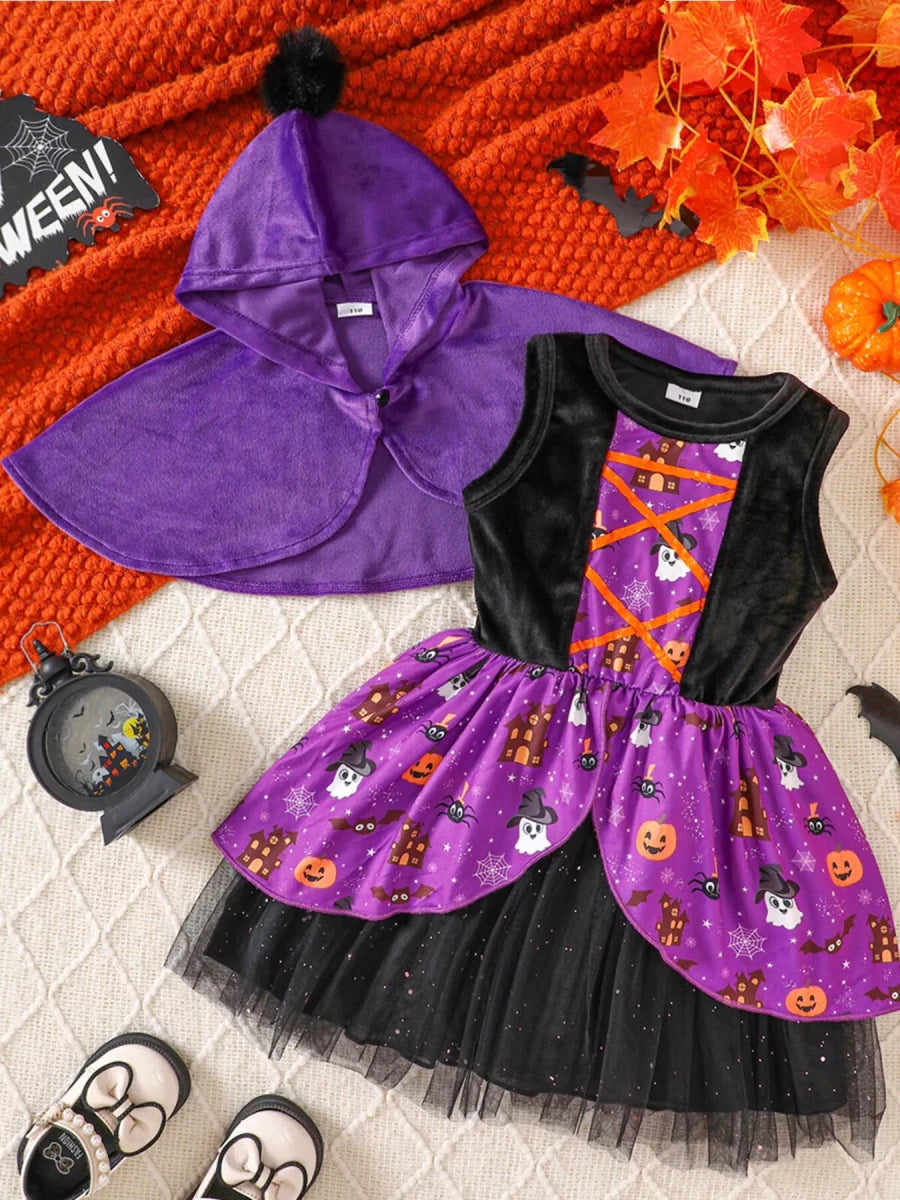 Children's Halloween Hooded Cape and Printed Dress Witch Costume Set | 18M-6Y - variant_color - variant_size - variant_option