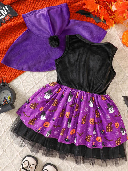 Children's Halloween Hooded Cape and Printed Dress Witch Costume Set | 18M-6Y - variant_color - variant_size - variant_option