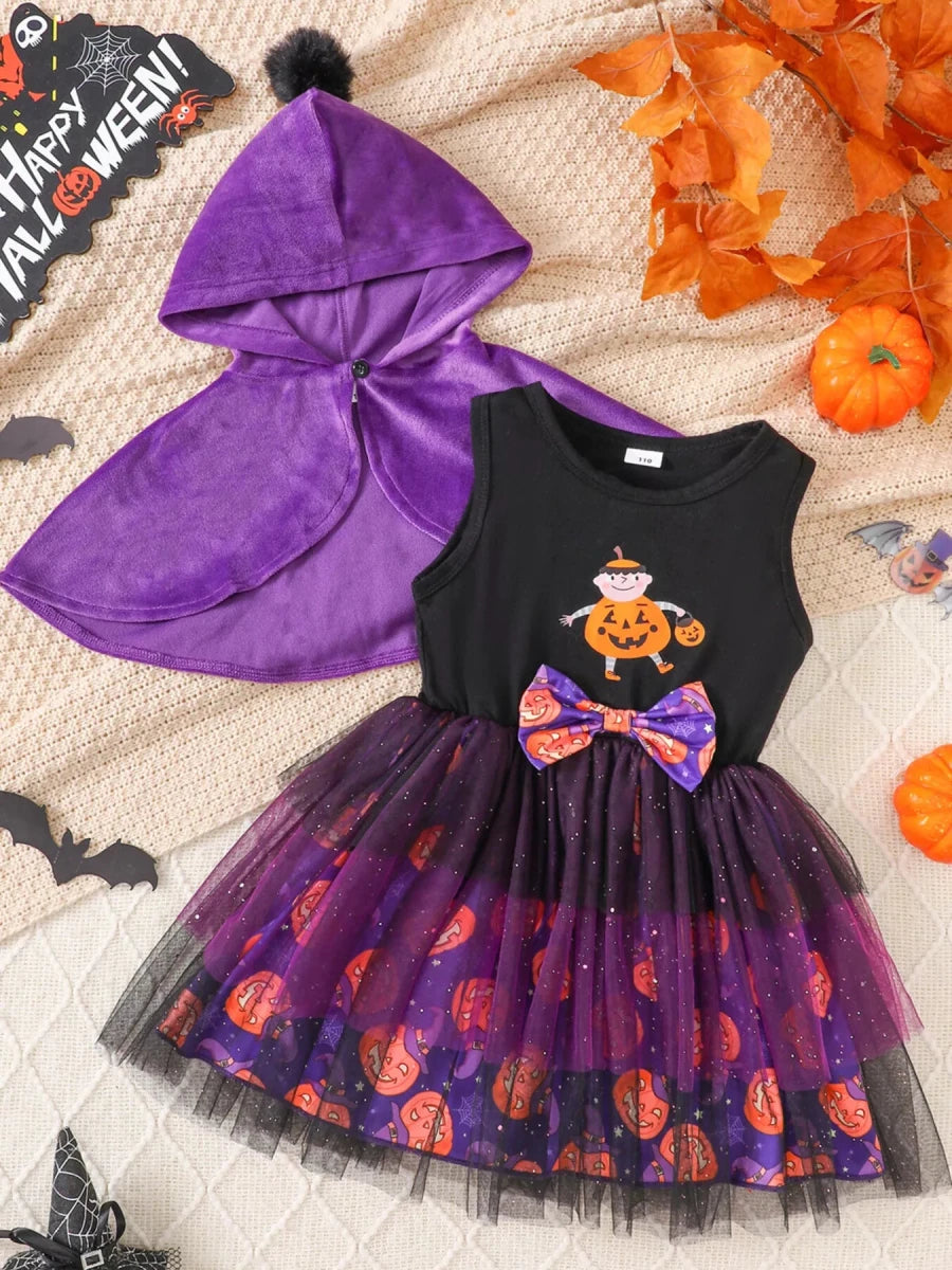 Children's Halloween Hooded Cape and Printed Dress Witch Costume Set | 18M-6Y - variant_color - variant_size - variant_option