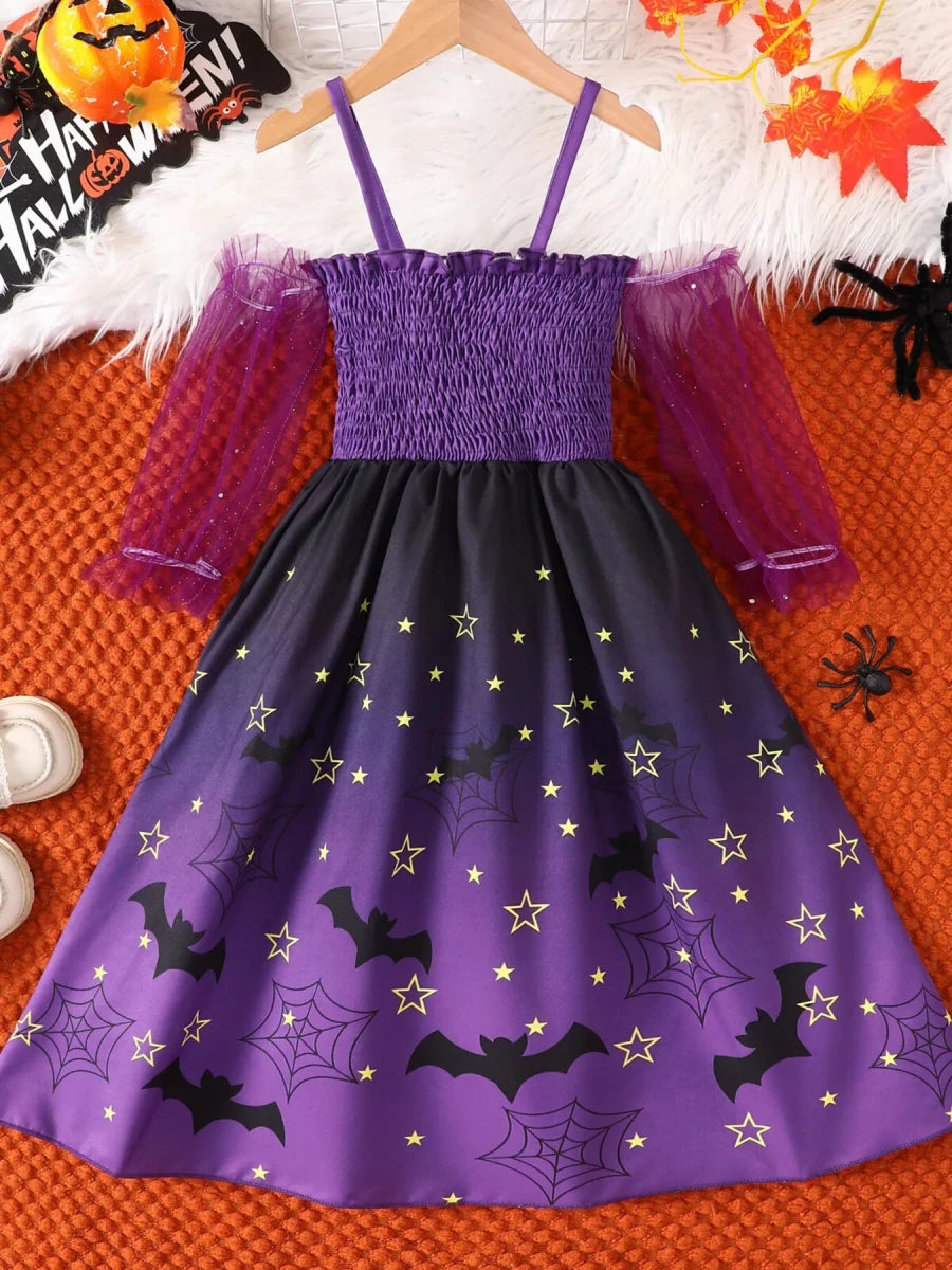 Children's Halloween Spaghetti Strap Romper with Tulle Sleeves and Starry Overlay | 18M-6Y - variant_color - variant_size - variant_option