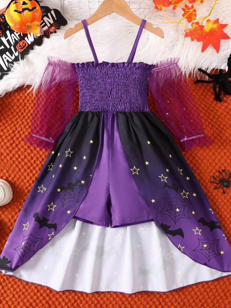 Children's Halloween Spaghetti Strap Romper with Tulle Sleeves and Starry Overlay | 18M-6Y - variant_color - variant_size - variant_option