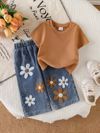 Children's Round Neck Top and Flower Jeans Set | 6M-3Y - variant_color - variant_size - variant_option