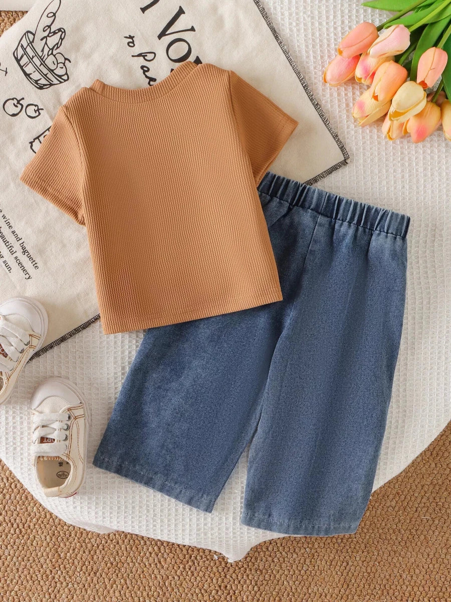Children's Round Neck Top and Flower Jeans Set | 6M-3Y - variant_color - variant_size - variant_option