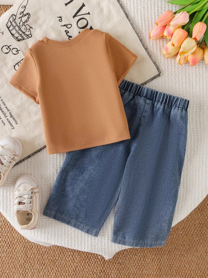 Children's Round Neck Top and Flower Jeans Set | 6M-3Y - variant_color - variant_size - variant_option