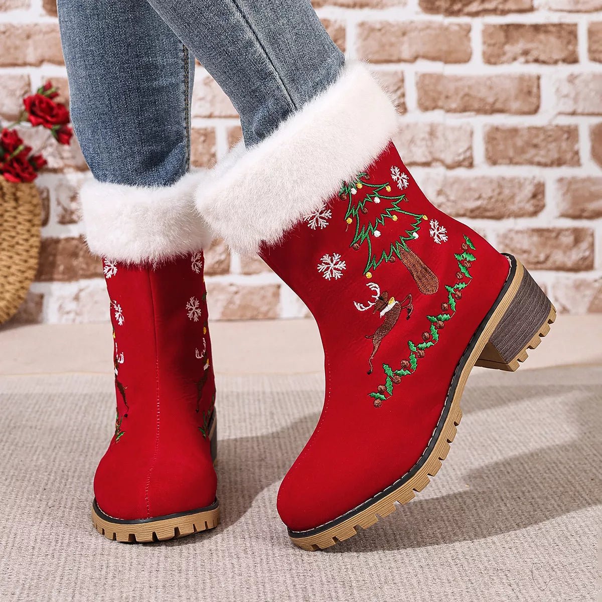 Christmas Embroidered Block Heel Ankle Boots - #variant_color# - #variant_size# - #variant_option#