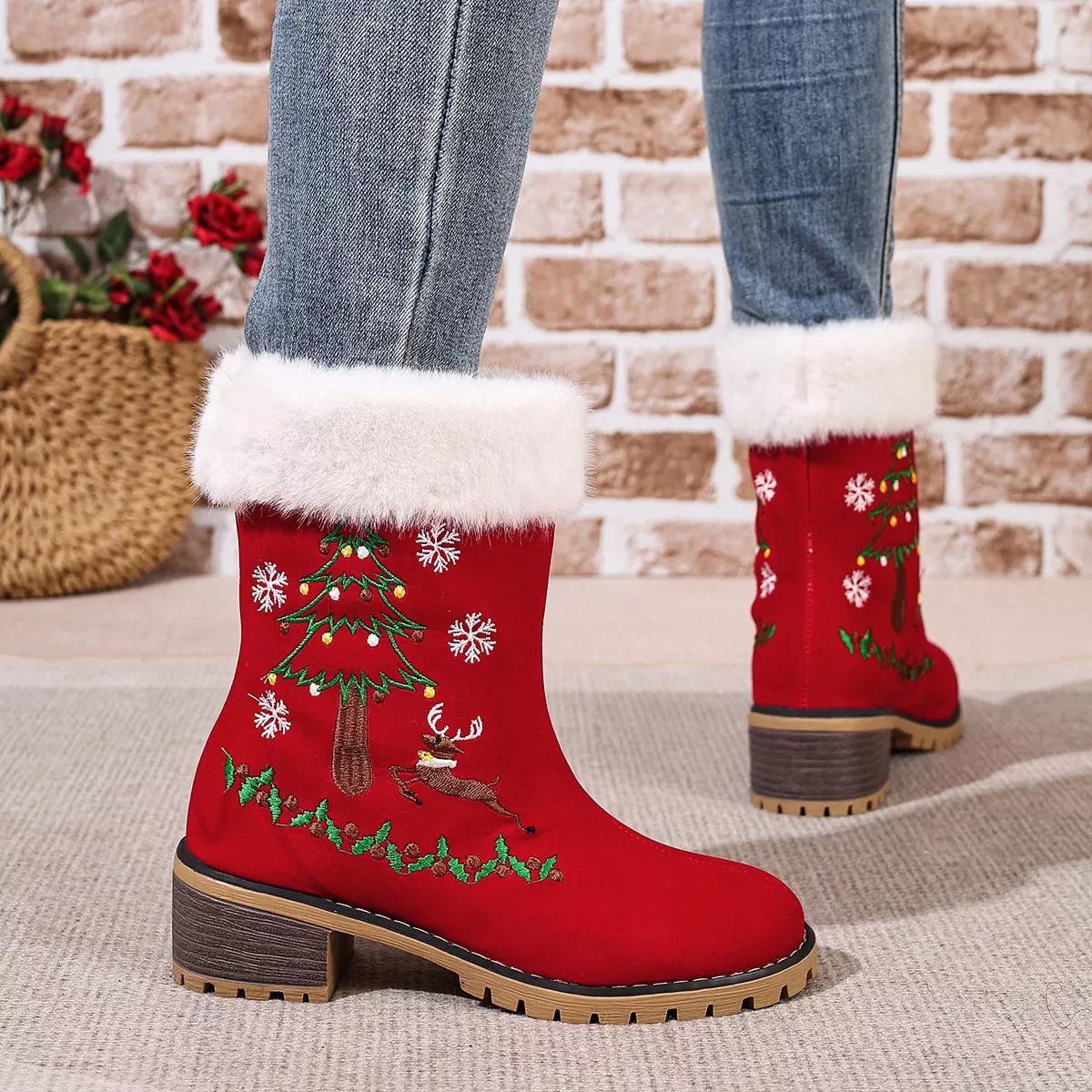 Christmas Embroidered Block Heel Ankle Boots - #variant_color# - #variant_size# - #variant_option#
