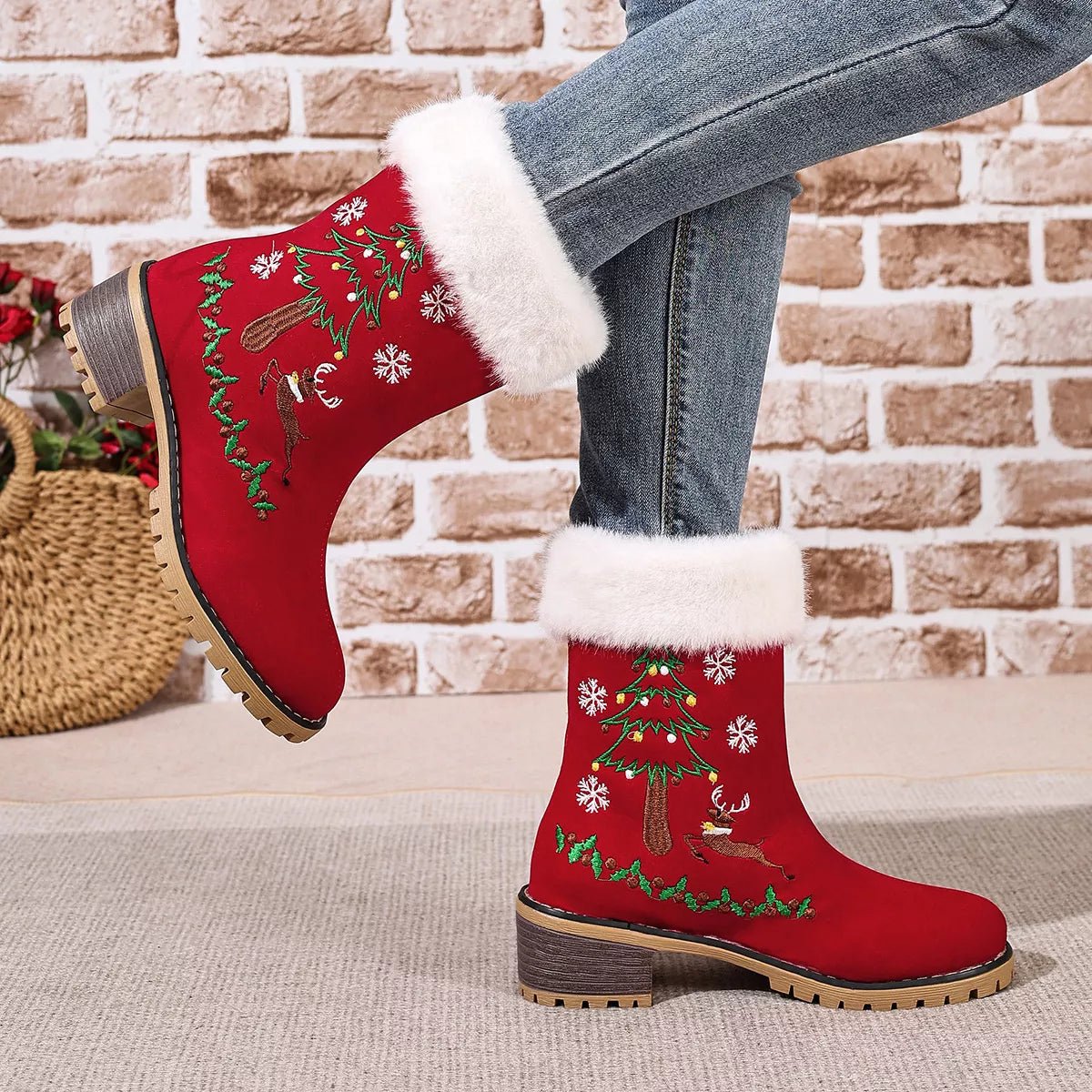 Christmas Embroidered Block Heel Ankle Boots - #variant_color# - #variant_size# - #variant_option#
