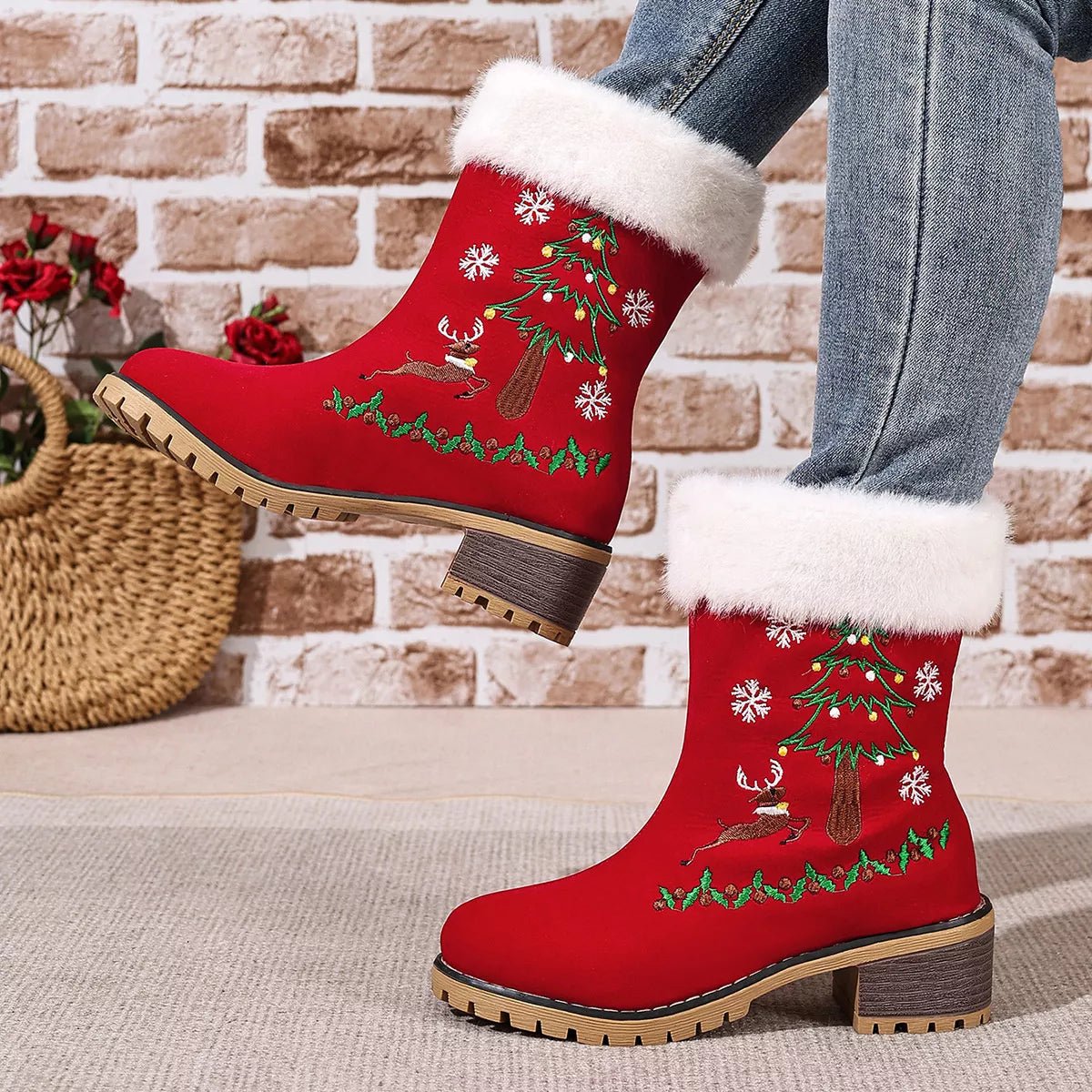 Christmas Embroidered Block Heel Ankle Boots - #variant_color# - #variant_size# - #variant_option#
