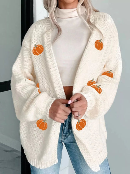 Fall Pumpkin Embroidered Knit Cardigan - #variant_color# - #variant_size# - #variant_option#