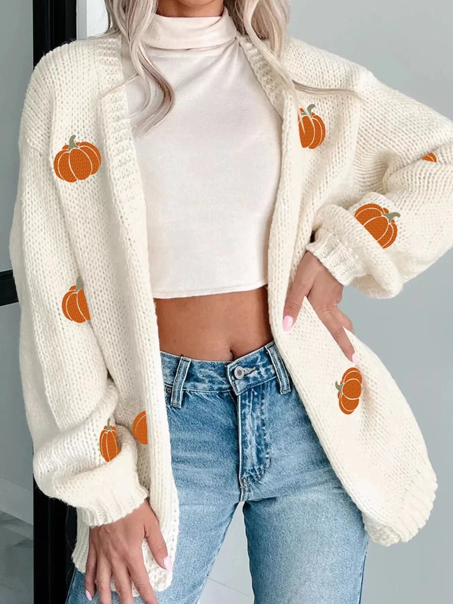 Fall Pumpkin Embroidered Knit Cardigan - #variant_color# - #variant_size# - #variant_option#