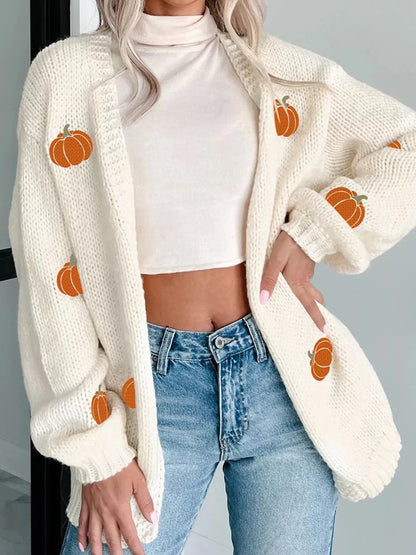 Fall Pumpkin Embroidered Knit Cardigan - #variant_color# - #variant_size# - #variant_option#