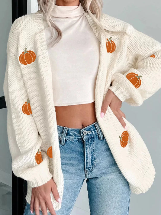 Fall Pumpkin Embroidered Knit Cardigan - #variant_color# - #variant_size# - #variant_option#