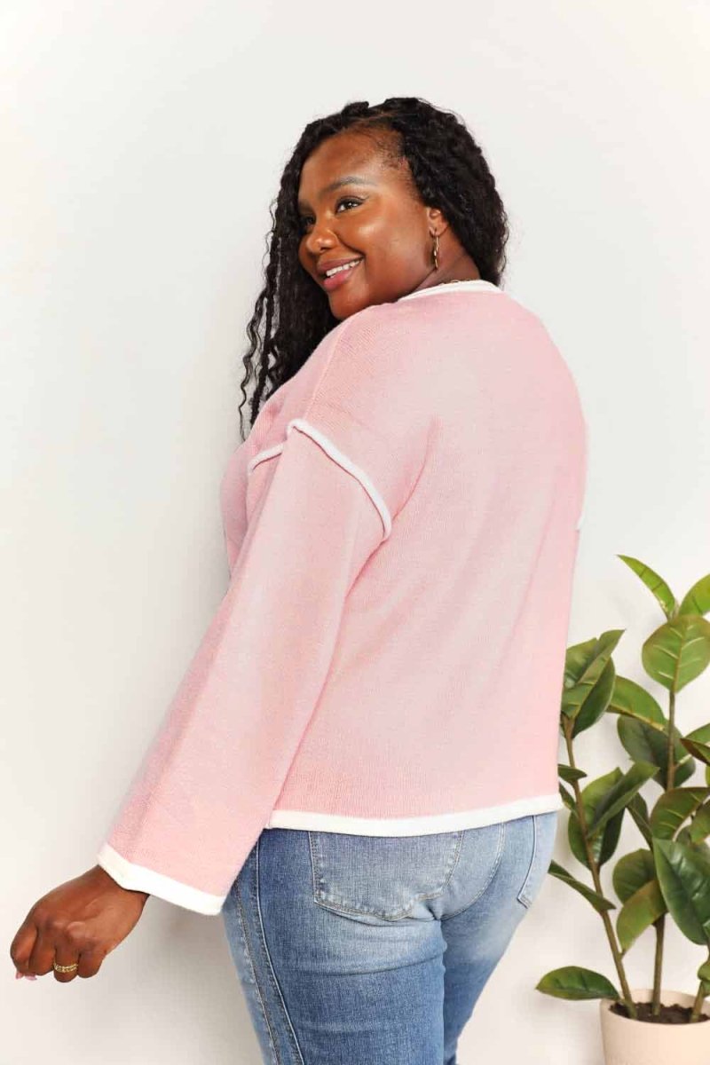 Pink Angel Wings Knit Top |Dropped Shoulders & Contrast Detail - variant_color - variant_size - variant_option