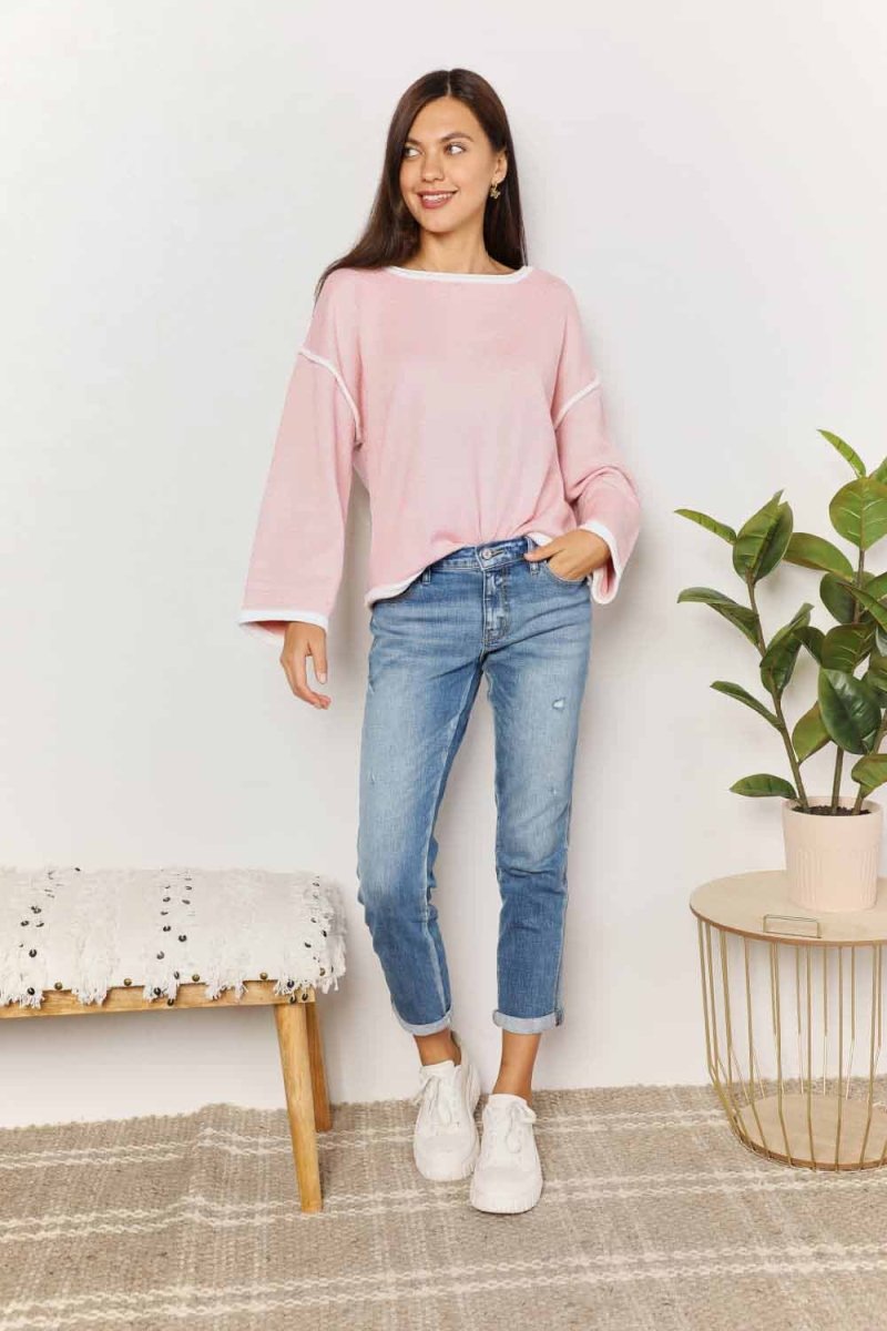 Pink Angel Wings Knit Top |Dropped Shoulders & Contrast Detail - variant_color - variant_size - variant_option
