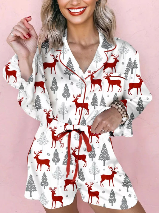 Red Gray Contrast with Deer and Trees | Christmas Fashion 2-Piece Set | Velvet Trim Top and Shorts Pajama | S-XL - #variant_color# - #variant_size# - #variant_option#